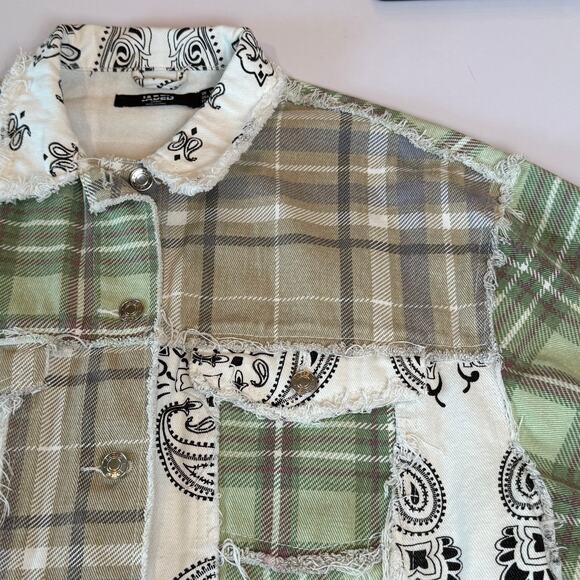 JJaded London Patchwork Cropped Jacket SZ 10 Plaid Bandana Grunge Y2K Streetwear - Picture 9 of 10